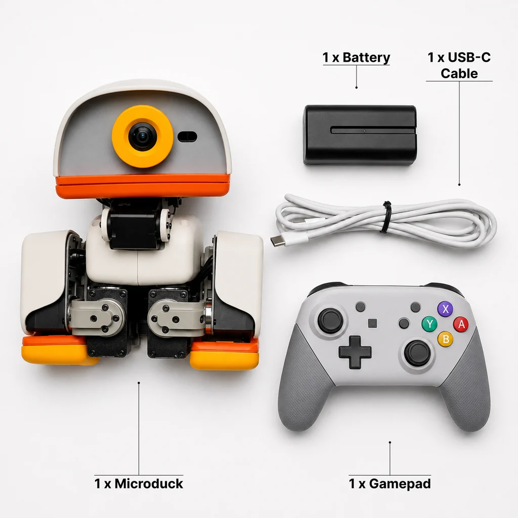 Veröffentlichter MD-01-Lieferumfang: Roboter, herausnehmbarer Akku, USB-C-Kabel und Gamepad