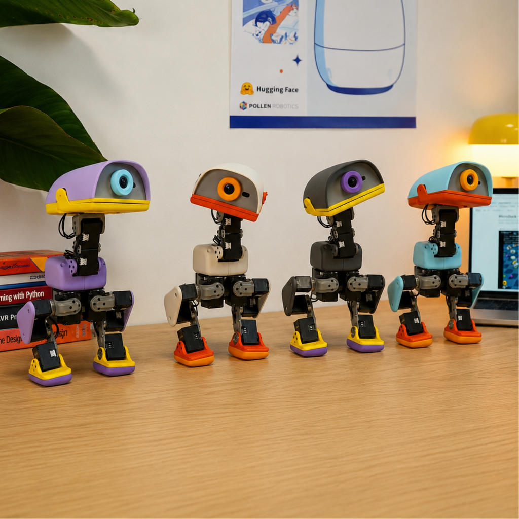 Microduck MD-01 robots in Cream, Graphite, Lavender and Sky