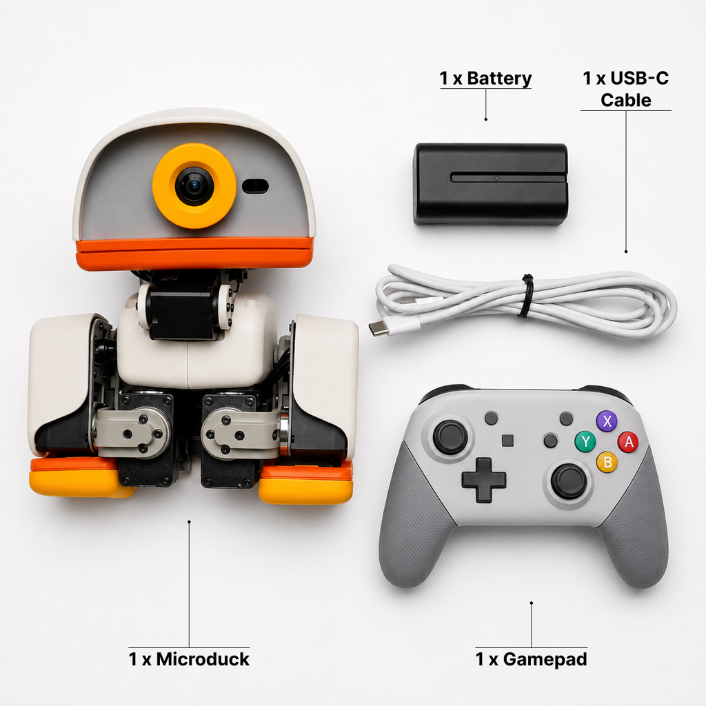 Microduck MD-01 robot, battery, USB-C cable and gamepad box contents