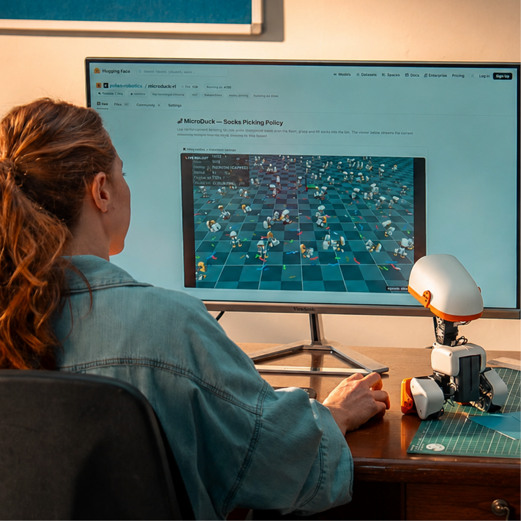 Microduck MD-01 beside its MuJoCo simulation workflow